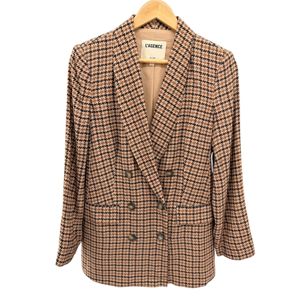 L'AGENCE Jayda Relaxed Double Breasted Houndstooth Blazer Jacket 0 Longline
